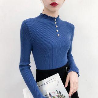 Mock-neck Button-up Rib Knit Top