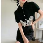 Short-sleeve Print Panel Cropped Blouse