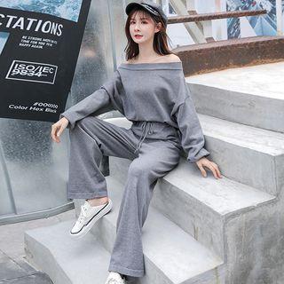 Set: Off-shoulder Pullover + Drawstring Wide-leg Pants