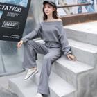 Set: Off-shoulder Pullover + Drawstring Wide-leg Pants