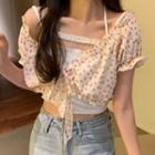 Puff-sleeve Ruffle Trim Floral Tie-strap Cropped Blouse / Lettuce Edge Camisole Top