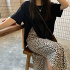 Short-sleeve Slit T-shirt / Leopard Print Midi A-line Skirt