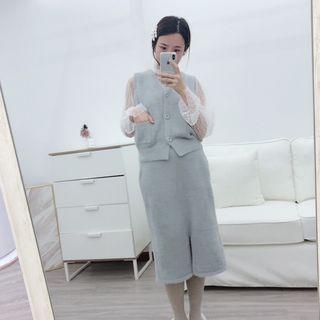 Set: V-neck Knit Vest + Knit Skirt