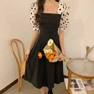 Dots-sleeve Slim-fit Midi Dress / Lace-sleeve Slim-fit Midi Dress