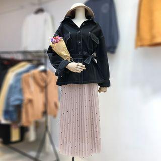 Contrast Stitch Buttoned Jacket / Dotted Accordion Pleated Skirt / Set