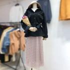 Contrast Stitch Buttoned Jacket / Dotted Accordion Pleated Skirt / Set