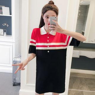 Color Block Short-sleeve Polo Dress As Shown In Figure - One Size