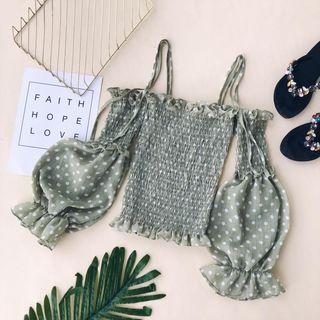 Off-shoulder Dotted Long-sleeve Top