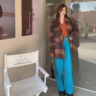 Plaid Blazer / Plain Cardigan / High-waist Wide-leg Pants