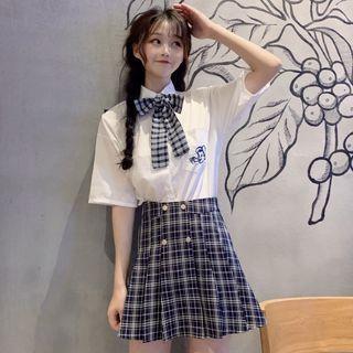 Short-sleeve Tie-neck Shirt / Plaid Mini A-line Skirt