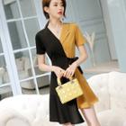 Color Block Short-sleeve Asymmetric A-line Dress