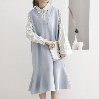 Mock Two Piece Striped Panel Midi Shirt Dress