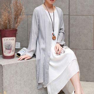 Set: Printed Tank Dress + Plain Long Light Coat