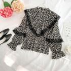 Bell-sleeve Leopard Print Blouse Black - One Size