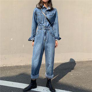 Long-sleeve High-waist Denim Jumpsuit Blue - One Size