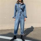 Long-sleeve High-waist Denim Jumpsuit Blue - One Size