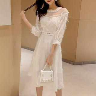 Long-sleeve Mesh-panel Plain Dress