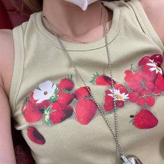 Strawberry Print Crop Tank Top Avocado Green - One Size