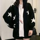 Star Print Buttoned Knit Cardigan Black - One Size