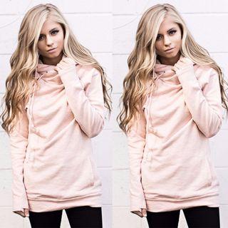 Long-sleeved Pocketed Hooded Plain Slim Sweatshirt