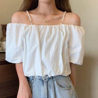 Short-sleeve Cold Shoulder Faux Pearl Top