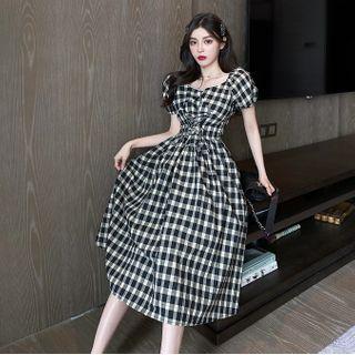 Gingham Puff-sleeve Midi A-line Dress