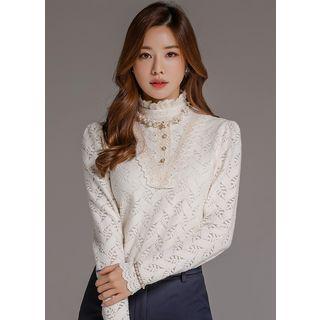 Frill-neck Crochet-trim Napped Lace Blouse