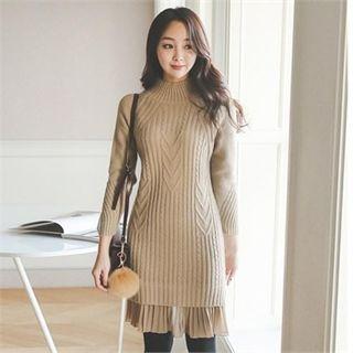 Mock-neck Chiffon-hem Knit Dress