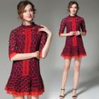 Elbow-sleeve Frill Floral Embroidered Crewneck A-line Panel Lace Sheath Dress