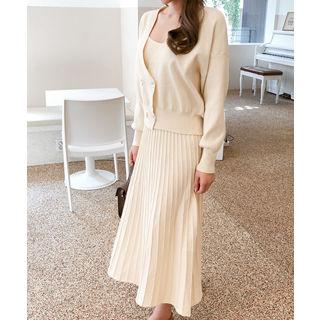 Set: Double-breasted Cardigan + Pleated Knit Pinafore Dress