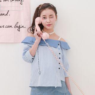 Letter Embroidered Striped Off Shoulder 3/4 Sleeve Shirt