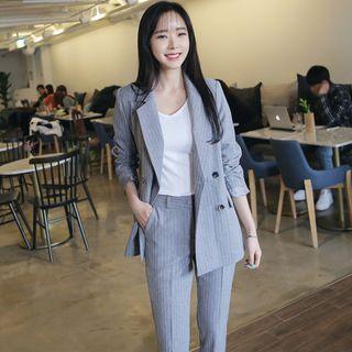 Set: Double-breasted Pinstriped Blazer + Straight Leg Pants