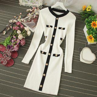 Contrast Trim Knit Long-sleeve Midi Sheath Dress