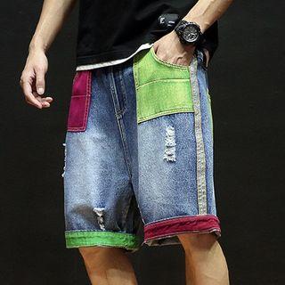 Paneled Knee-length Denim Shorts