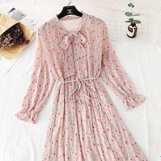 Tie-neck Bell-sleeve Midi A-line Chiffon Dress