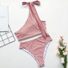 Striped Cut-out One-shoulder Swimsuit