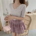 Short-sleeve Ribbon T-shirt / Plaid A-line Mini Skirt