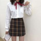 Long Sleeve Lace-up Shirt / Plaid A-line Skirt
