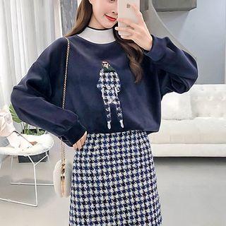 Applique Mock Neck Pullover / Houndstooth A-line Mini Skirt
