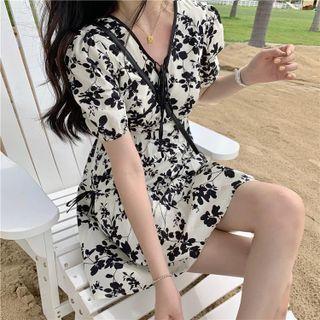 Balloon-sleeve V-neck Floral Dress