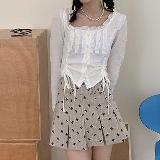 Drawstring Blouse / Mini A-line Pleated Skirt