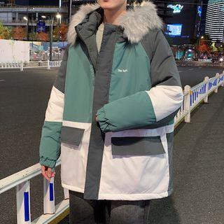 Fluffy Trim Color Block Hooded Zip Padded Jacket