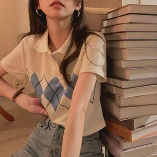 Short-sleeve Argyle Print Polo Shirt Blue & White - One Size