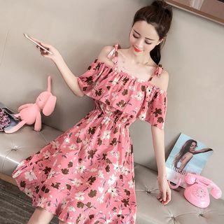 Print Open Shoulder Short-sleeve Chiffon Dress