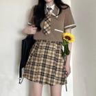 Short-sleeve Cropped Jacket / Shirt With Necktie / Mini A-line Skirt