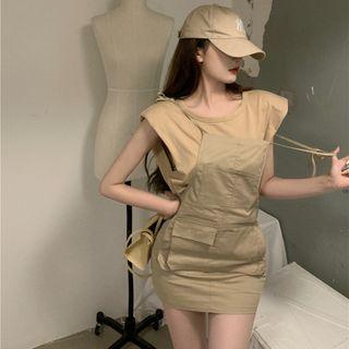 Padded-shoulder Sleeveless Top / Slim-fit Overall Dress