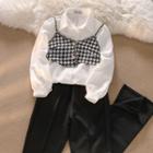 Plain Shirt / Houndstooth Cropped Camisole Top / Wide Leg Dress Pants