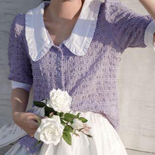 Collared Short-sleeve Crinkle Blouse