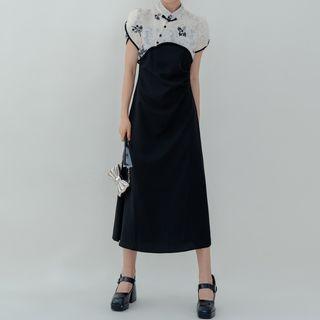 Set: Short-sleeve Floral Crop Top + Spaghetti Strap Midi Dress