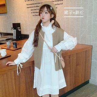 Set : Lantern-sleeved Dress + Knit Vest
